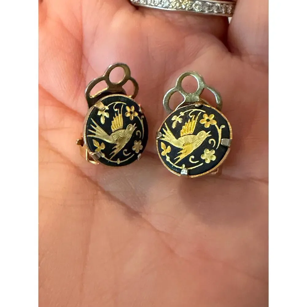 Vintage Toledo Spain Gold Tone Damascene Clip On Earrings Bird Enameled Clip Ons
